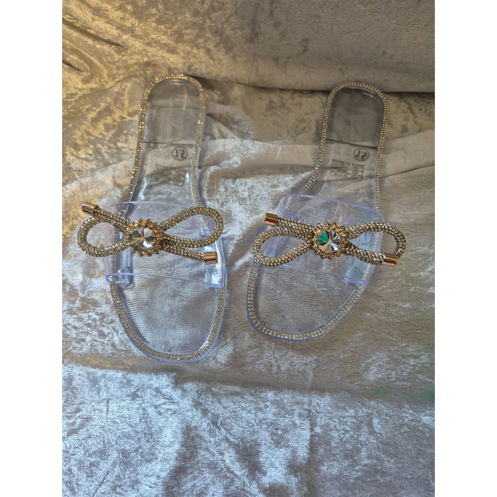 Lauren Larraine Breeze Clear Stone‎ Embellished Rhinestone Bow Jelly Slides